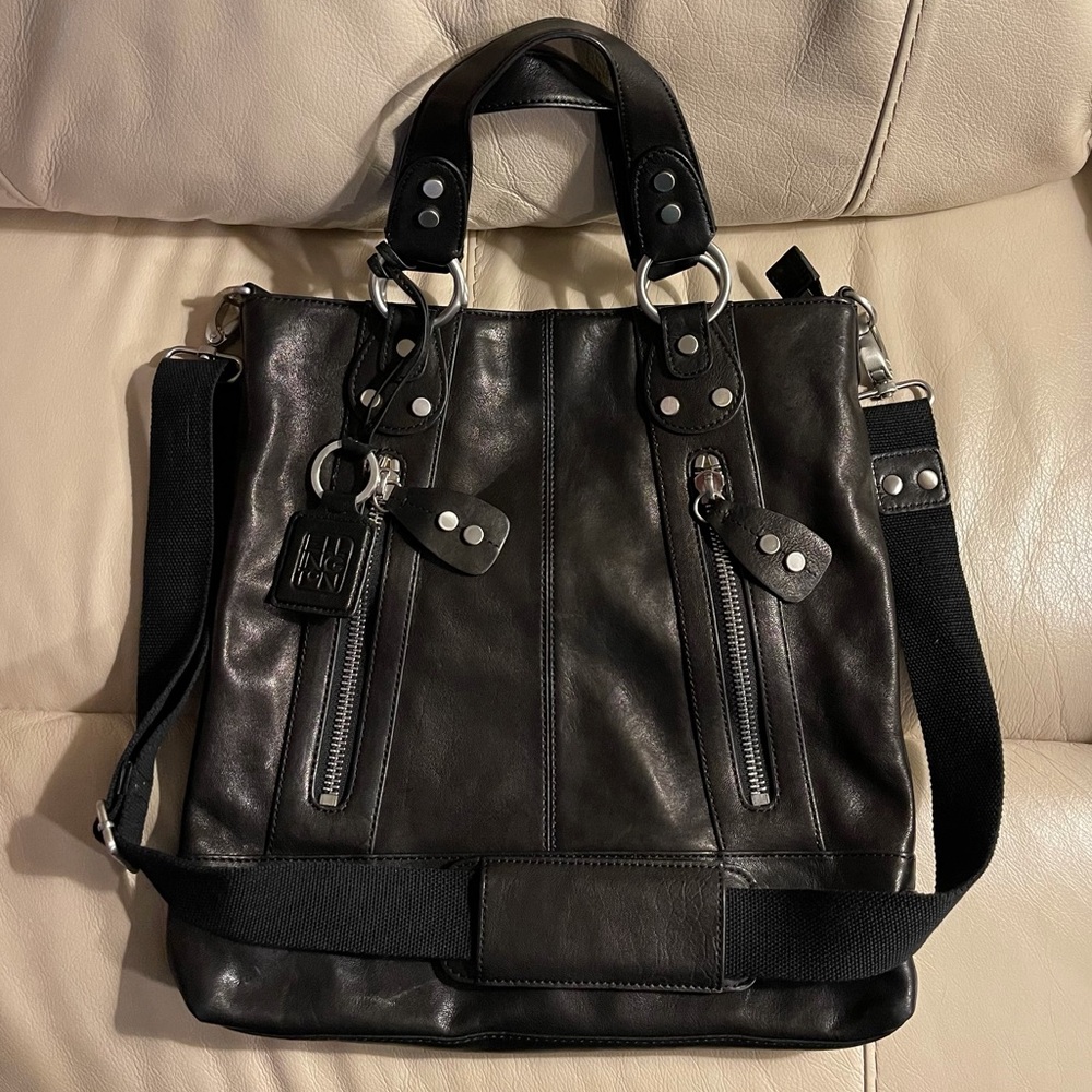 Ellington Black Italian Leather Crossbody Messenger Tote